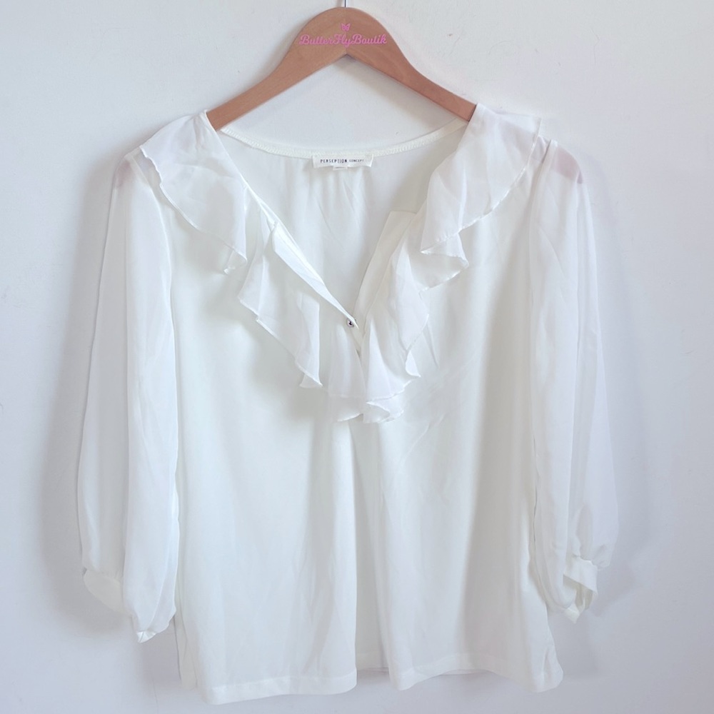 PerSeption concept White ruffle Front sheer Long-sleeve top, size M, NWOT